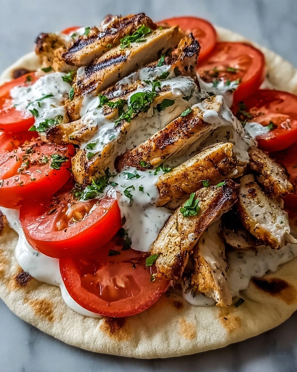 The dish shows a flat round bread base with a round layer of fresh red tomato slices placed on top. Above the tomatoes, there is a layer of grilled chicken strips, browned with visible grill marks and arranged closely in a circle. On the top center of the chicken, there is a dollop of white creamy sauce sprinkled with small green chopped herbs. The dish is on a white plate placed on a white marbled textured surface. Photo taken with an iphone --ar 4:5 --v 7
