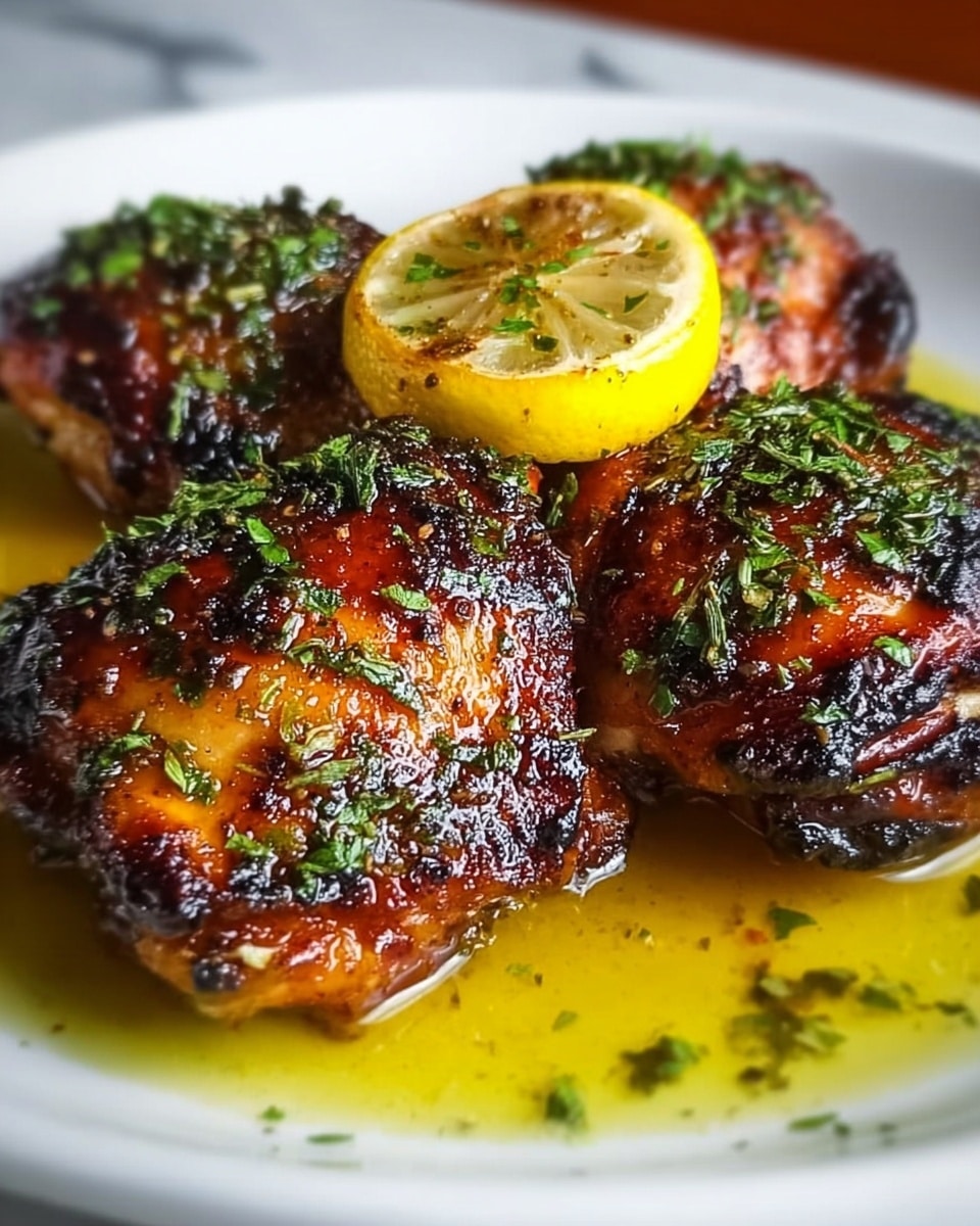The dish shows three grilled chicken thighs with crispy, dark brown skin and a shiny texture, sprinkled with bright green chopped herbs. On top, there are two thick lemon wedges with green herb bits on them. The chicken sits in a pool of golden yellow sauce that has small bits of herbs floating in it. All of this is placed on a white plate with a white marbled background. photo taken with an iphone --ar 4:5 --v 7