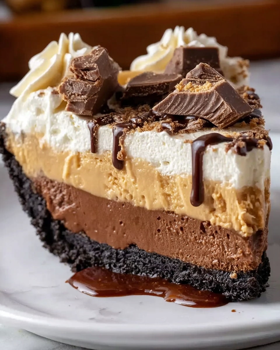 The image shows a slice of layered pie on a white plate, placed on a white marbled surface. The bottom layer is a crumbly dark brown crust, followed by a thick smooth layer of chocolate ganache with a glossy texture. Above that is a dense, light brown caramel-flavored filling. The top layer is a fluffy cream-colored topping, decorated with swirled dollops of cream. The slice is garnished with small chunks of chocolate and drizzled with dark chocolate sauce that drips slightly over the edges. Photo taken with an iphone --ar 4:5 --v 7