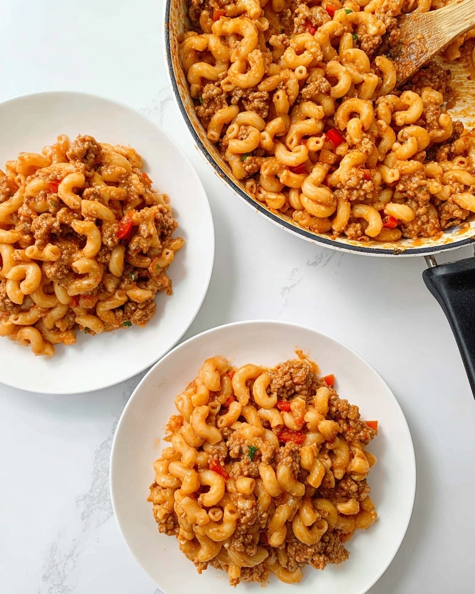The image shows a close-up of a pasta dish served on two white plates and in a white pan with a black handle. The pasta is elbow macaroni mixed with ground meat and small pieces of red pepper, all coated in a light reddish-orange sauce. The pasta on the plates is piled in a loose mound, showing the curly texture of the noodles and the meat pieces scattered throughout. The pan is full of the same pasta mixture, with a wooden spoon partially visible, partially covered by the food. The setting is on a white marbled surface, giving a clean and bright look to the scene. Photo taken with an iphone --ar 4:5 --v 7