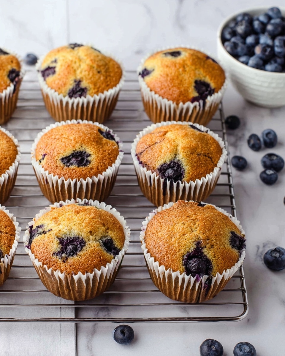 The image shows eight golden brown blueberry muffins with a slightly crispy top, each wrapped in white ridged paper liners. The muffins have visible dark purple blueberry spots inside and on top, creating a nice contrast with the golden crust. They are arranged in two rows on a silver metal cooling rack placed on a white marbled surface. Scattered blueberries lie around the rack, and in the background, there is a white bowl filled with fresh blueberries, adding a fresh and natural touch to the scene. Photo taken with an iphone --ar 4:5 --v 7