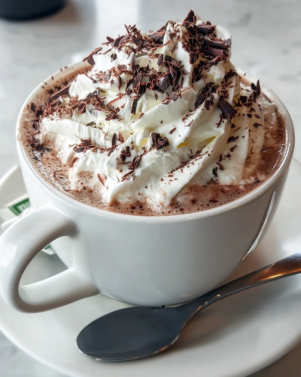 A white ceramic cup filled with frothy hot chocolate, topped with a thick swirl of white whipped cream that rises above the rim. The whipped cream has smooth, curled textures and is sprinkled generously with dark brown chocolate shavings. Some of the whipped cream has melted slightly, blending light brown cocoa liquid with the cream near the edges, creating a mix of creamy white and chocolate brown at the top layer. The cup sits on a matching white saucer with a shiny metal spoon resting beside it. The whole scene is set on a white marbled surface. photo taken with an iphone --ar 4:5 --v 7