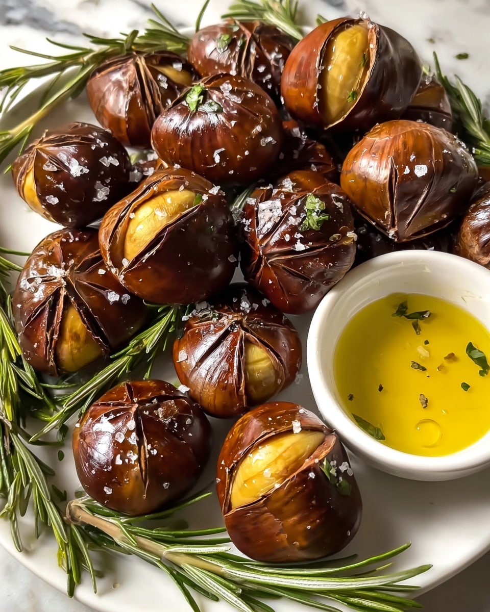 The image shows a white plate filled with shiny roasted chestnuts, each with deep brown, slightly wrinkled shells and a few slits opened to reveal the light yellow inside. The chestnuts are sprinkled with coarse sea salt and small pieces of fresh green rosemary leaves. Several fresh rosemary sprigs lay around the chestnuts on the plate. On the right side of the plate, there is a small white bowl filled with golden olive oil, with a couple of chestnuts resting partially dipped inside. The whole scene is set on a white marbled surface. The lighting highlights the glossy texture of the chestnut shells and the oil, creating reflections. photo taken with an iphone --ar 4:5 --v 7