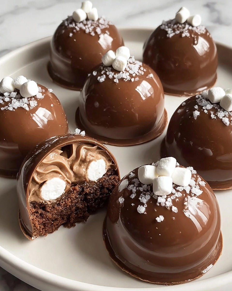 Six glossy, smooth, dome-shaped milk chocolate desserts sit on a white plate over a white marbled surface. Each dome has a shiny brown surface with small white marshmallow pieces sprinkled on top, adding a contrasting texture. One dome is cut open, showing a rich, moist chocolate cake inside with dollops of creamy chocolate mousse and several white mini marshmallows arranged around the edge. The chocolate shells have a thin base supporting the soft layers within. The lighting reflects warmly on the domes, highlighting their smooth, polished texture. photo taken with an iphone --ar 4:5 --v 7