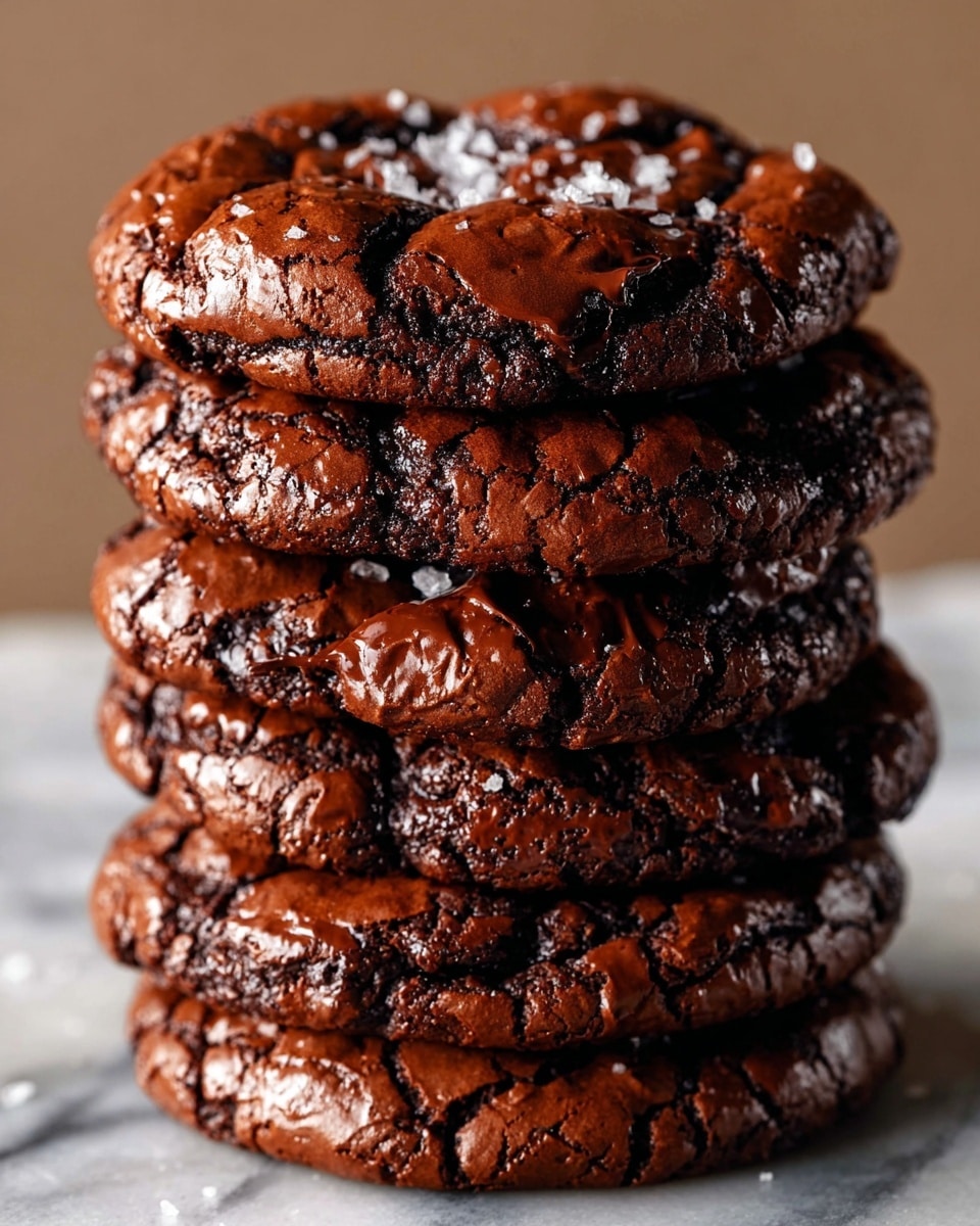 A close-up view of a stack of four thick, round chocolate cookies with deep cracks and a shiny, rich dark brown surface. Each cookie shows a moist, almost fudgy texture inside the cracks, with some light reflecting off the smooth tops. There are small flakes of white salt sprinkled on the top cookie, adding contrast. Surrounding the stack, a few more cookies lie flat, sharing the same cracked and shiny appearance. The stack is set against a background of white marbled texture. photo taken with an iphone --ar 4:5 --v 7