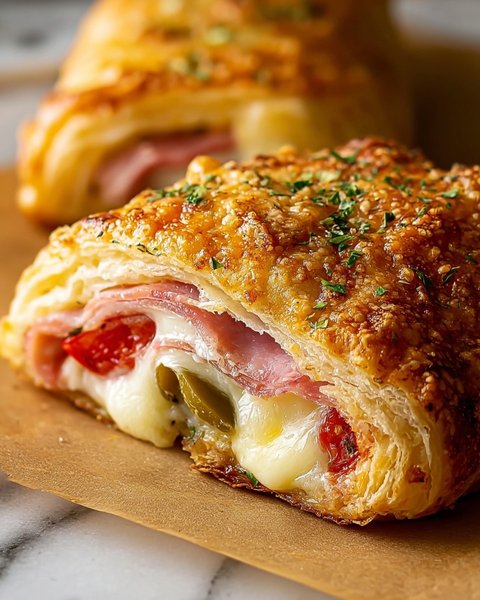 The image shows a close-up of a stuffed pastry with a golden brown, crispy, and slightly flaky outer crust sprinkled with small green herbs and black pepper flakes. Inside, there are visible layers including thin slices of pinkish-red deli meat, white melted cheese, and bright pieces of green and red jalapeño peppers. The pastry looks soft and airy on the inside with a shiny, well-baked surface on top. It is placed on a brown paper-like surface with a white marbled texture barely visible in the background. photo taken with an iphone --ar 4:5 --v 7