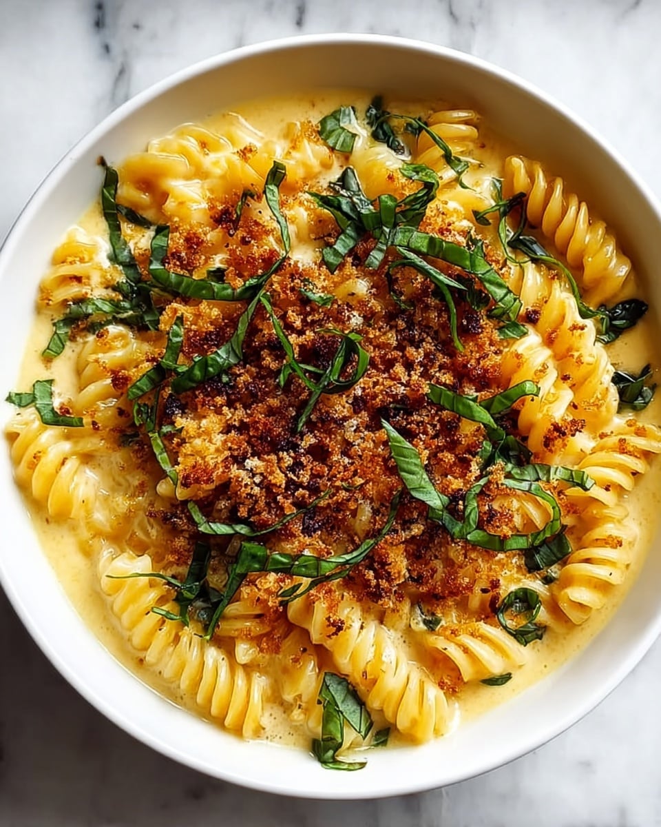 A white bowl holds creamy pasta with large, twisted rotini noodles in a light yellow cheese sauce. On top, there is a golden-brown crispy breadcrumb layer scattered unevenly, adding texture and contrast. Thin dark green basil strips are spread across the breadcrumbs and pasta, adding a fresh pop of color. The bowl sits on a white marbled surface, showing a clean and bright background. photo taken with an iphone --ar 4:5 --v 7