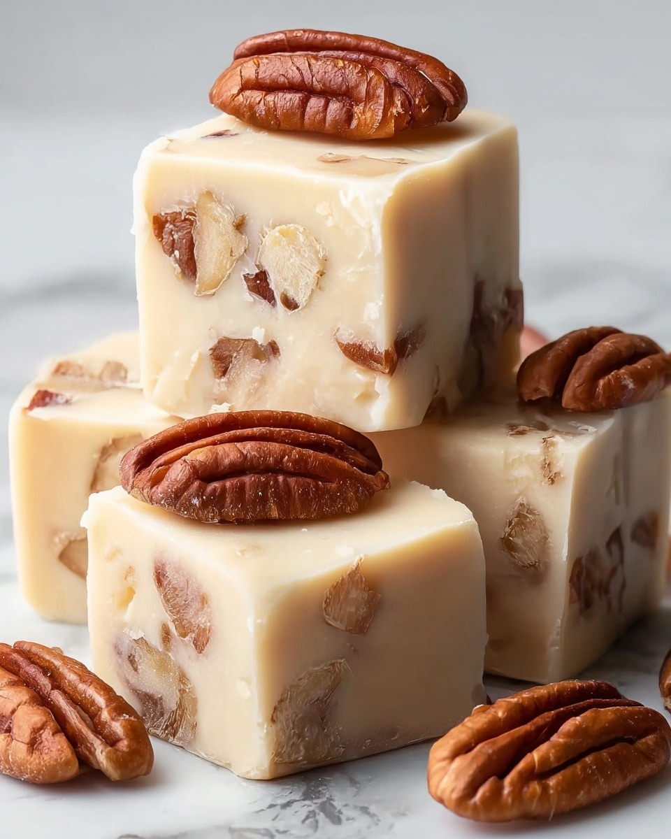 A close-up view of three square pieces of smooth, creamy white fudge with chunks of pecans mixed inside, stacked on each other on a white marbled surface. Each fudge piece is topped with whole, shiny brown pecan halves, and additional pecans lie around the base. The fudge has a soft, slightly glossy texture with visible nut pieces that add contrast. photo taken with an iphone --ar 4:5 --v 7