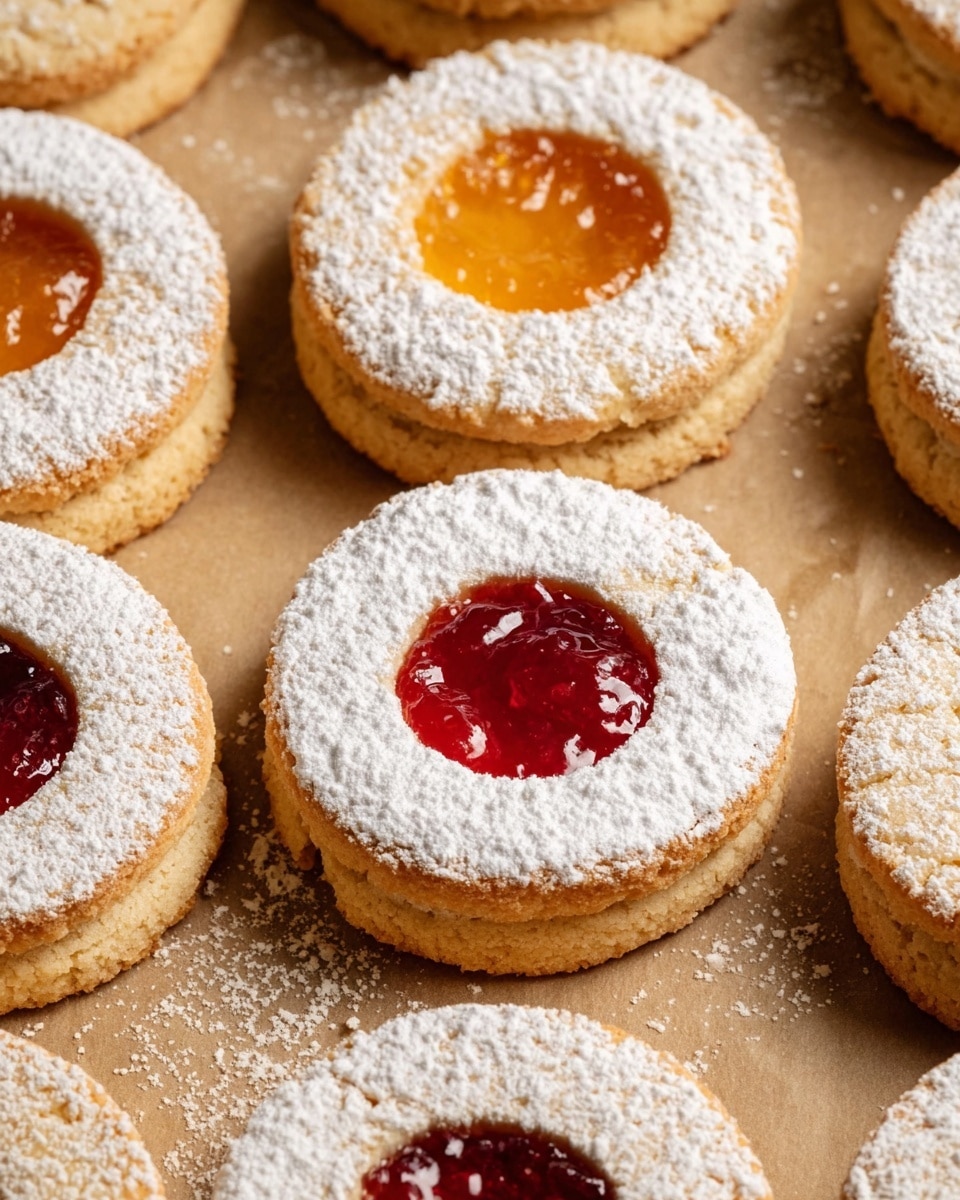 The image shows four round sandwich cookies arranged on a shiny metal tray. Each cookie has two golden-brown shortbread layers dusted with white powdered sugar. The top layer has a circular cutout in the center revealing a thick layer of jelly inside. Two cookies have bright orange jelly, and one in the front center has glossy red jelly, with a bite taken out, exposing the soft crumbly texture and jelly inside. The tray has a slight reflection, and the background is a white marbled texture. Photo taken with an iphone --ar 4:5 --v 7