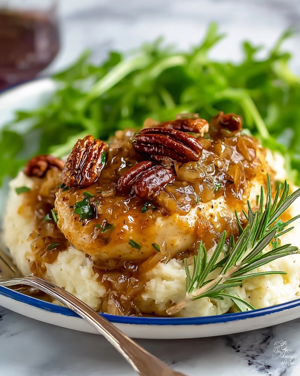 A close-up view of a dish displayed on a white plate with a blue rim, featuring three main layers. The bottom layer is a soft bed of creamy, white mashed cauliflower with a slightly chunky texture. On top of this is a golden-brown, glossy chicken breast covered in a rich, translucent onion glaze mixed with small bits of cooked onions and green herbs. The dish is topped with several whole, dark brown pecans and a small sprig of fresh green rosemary, with a side of bright green arugula leaves in the background. A silver fork rests at the front edge of the plate. The setting is on a white marbled surface. photo taken with an iphone --ar 4:5 --v 7