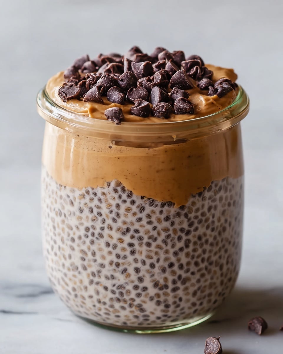 A clear glass jar holds a three-layer dessert sitting on a white marbled surface. The bottom layer is filled with light beige chia pudding dotted with tiny dark chia seeds. The middle layer is a smooth, thick light brown peanut butter cream that slightly spreads over the sides. The top layer is decorated with a generous pile of dark brown chocolate chips that contrast with the creamy peanut butter below. The overall look is creamy and textured, with clear separation of layers visible through the glass. Photo taken with an iphone --ar 4:5 --v 7