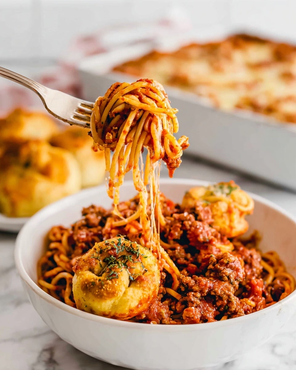 A white bowl filled with spaghetti mixed with a rich tomato meat sauce, showing visible pieces of ground meat, cooked tomatoes, and herbs giving a textured, chunky look. On top of the spaghetti, there are two golden-brown garlic knots with herbs for garnish. A fork holds up a twirled serving of spaghetti from the bowl, with some strands stretching upwards and melted cheese pulling from the dish. In the background, a white rectangular dish with more baked food is slightly blurred, all placed on a white marbled surface. photo taken with an iphone --ar 4:5 --v 7