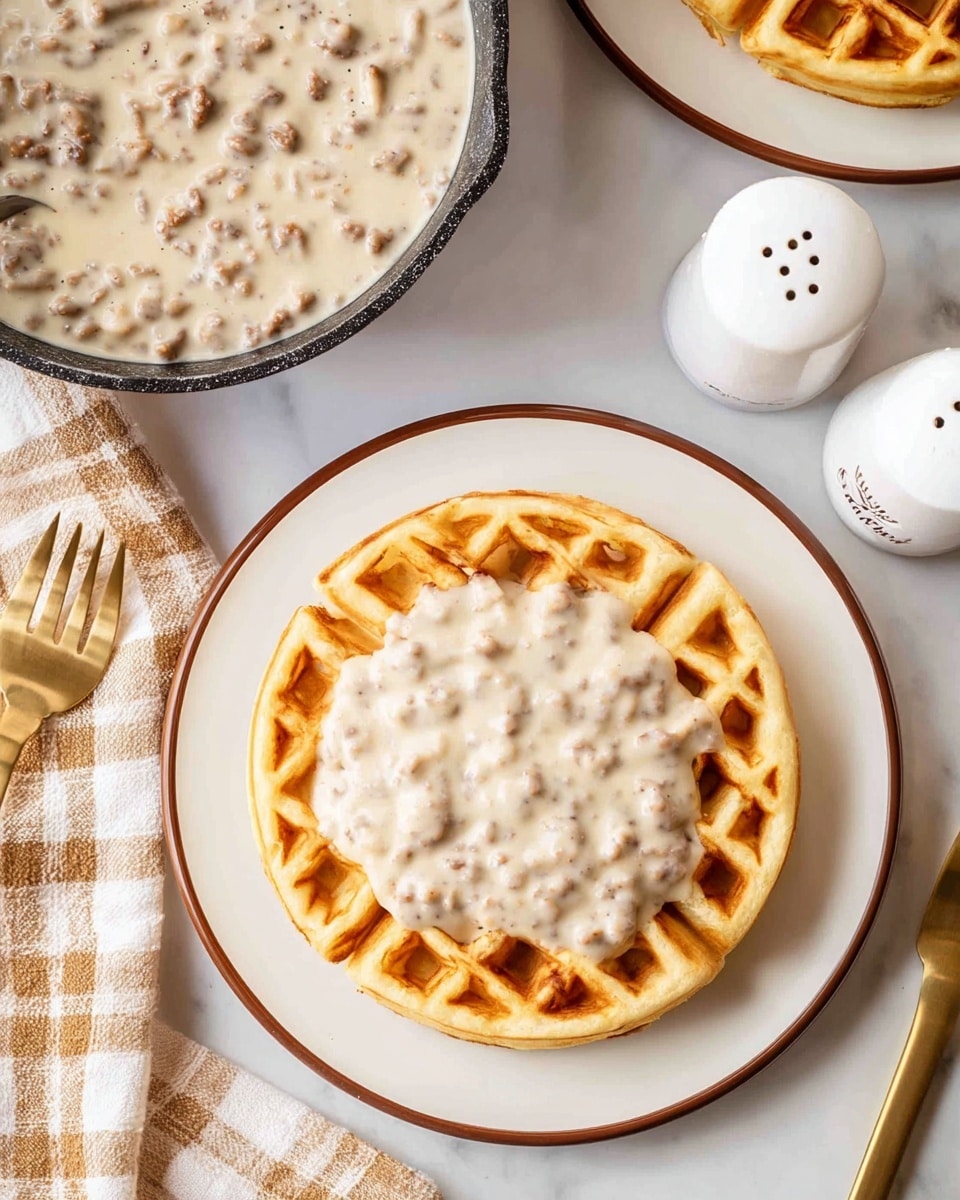 A close-up image shows a single golden waffle placed in the center of a white plate with a brown rim, topped with a thick layer of creamy white sausage gravy filled with small sausage pieces, giving it a textured look. Another waffle is partially visible on a similar plate in the upper right corner without gravy. In the upper left, a black skillet contains more white sausage gravy with visible small sausage bits. The background is a white marbled texture, with a beige checkered cloth napkin on the left side and gold-colored fork and knife on the right side near two white ceramic salt and pepper shakers. photo taken with an iphone --ar 4:5 --v 7