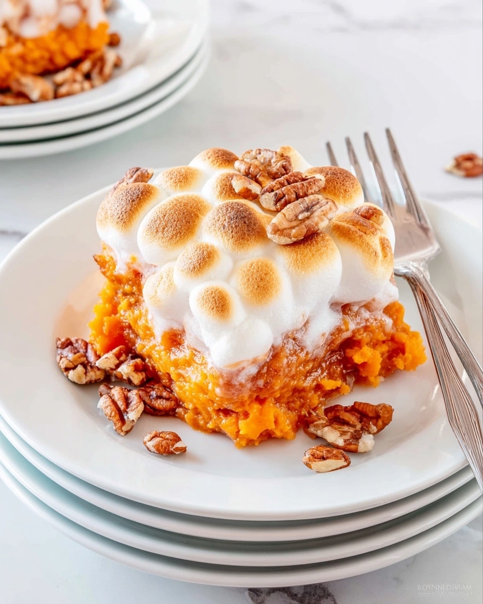 The image shows a white baking dish filled with three layers: the bottom layer is mashed orange sweet potatoes, the middle layer is melted creamy white marshmallows, and the top layer is a golden brown toasted marshmallow crust with small round marshmallows that are browned evenly. A wooden spoon lifts a portion from the dish, revealing the soft inner layer of marshmallows and mashed sweet potatoes, with the toasted marshmallow topping clinging on top. The dish is placed on a white marbled surface with scattered pecan nuts around, and a small clear glass bowl with more pecans sits nearby. A crumpled white cloth napkin is near the baking dish. photo taken with an iphone --ar 4:5 --v 7