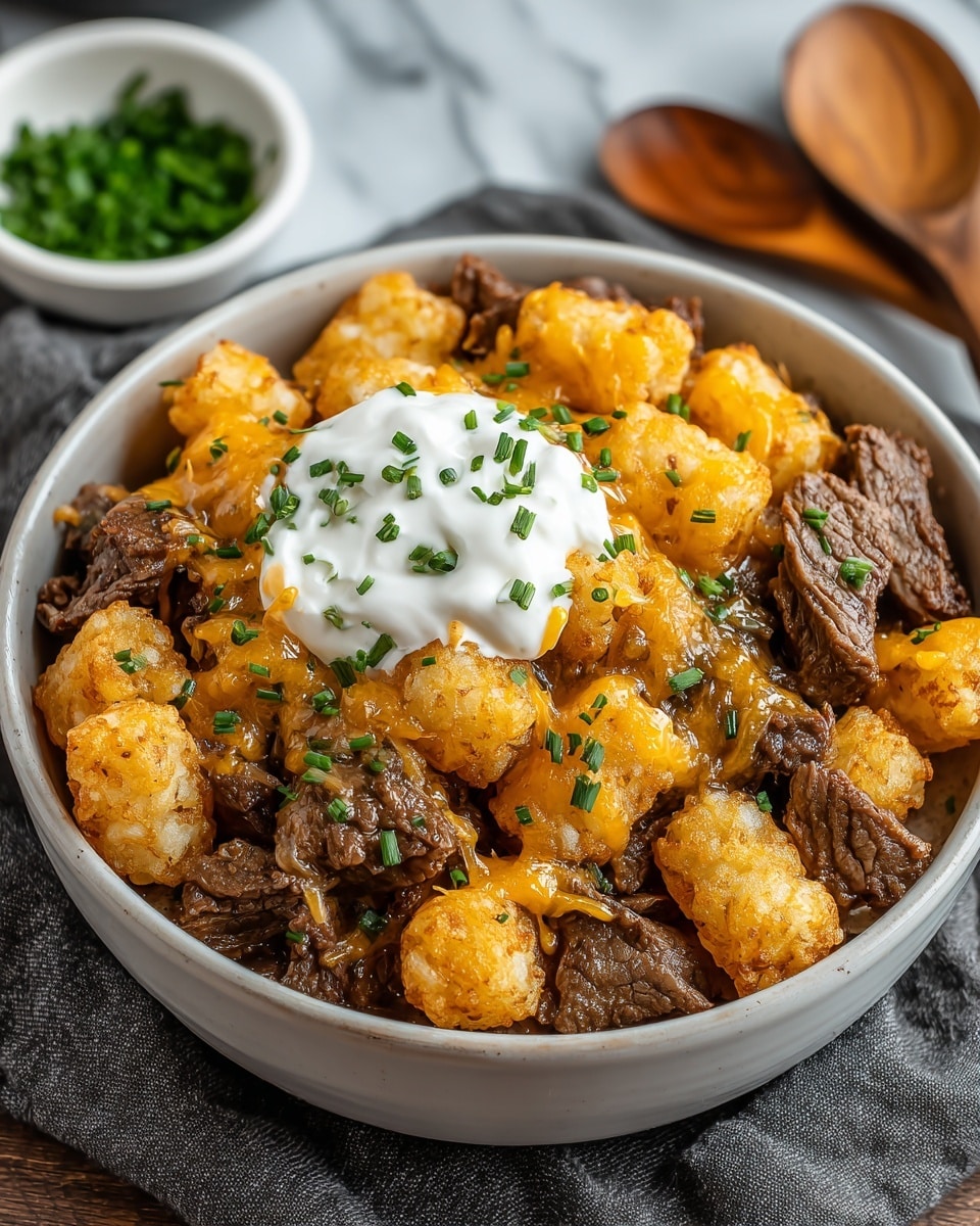 A white bowl is filled with three main layers: at the bottom are browned, tender pieces of beef with a slightly glossy texture; scattered over the beef are small, golden brown tater tots with a crispy exterior; melted bright orange cheddar cheese covers parts of the tater tots, adding a shiny layer. On top, a dollop of smooth white sour cream sits in the center, sprinkled with finely chopped green chives. The bowl sits on a grey cloth on a white marbled surface, with a wooden spoon next to it and a small white bowl of chopped green herbs blurred in the background. Photo taken with an iphone --ar 4:5 --v 7