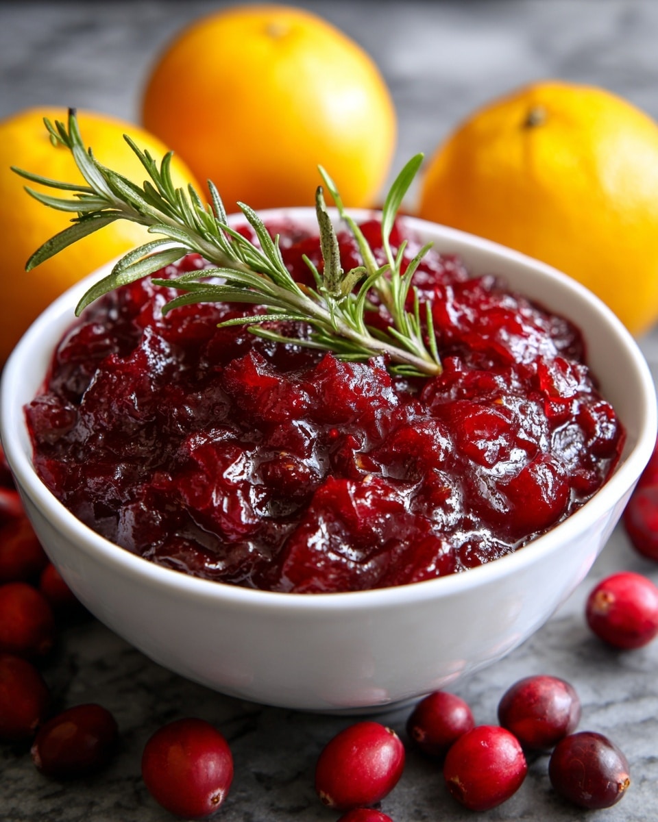 A white bowl filled with a thick, chunky cranberry sauce that is deep red and glossy in texture, showing the small pieces of cranberries throughout. A fresh green rosemary sprig lays across the top of the sauce as garnish. The bowl sits on a white marbled surface scattered with fresh cranberries and three bright yellow oranges in the background, adding contrasting colors. photo taken with an iphone --ar 4:5 --v 7