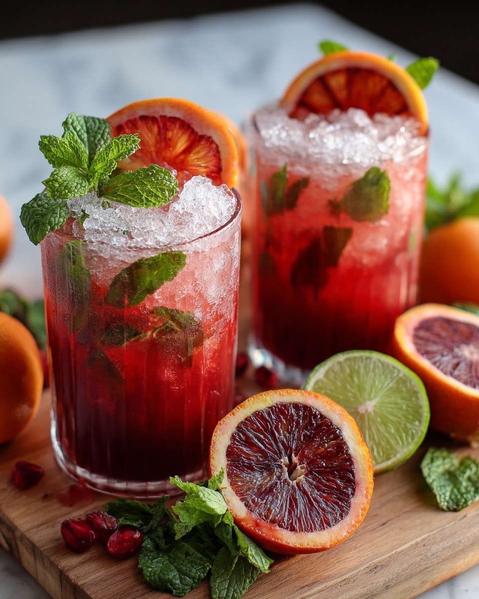 Two clear glasses filled with a red drink form the main focus. Each glass has three visible layers: the bottom layer is a deep red liquid, the middle layer shows green mint leaves pressed against the glass, and the top is crushed ice with a frosty texture. One glass is garnished with a bright green mint sprig and a half blood orange slice added on the rim, showing vibrant dark red pulp with a light orange peel. The glasses sit on a light brown wooden board, which holds more fresh mint, whole and halved blood oranges, a halved lime, and a few red berries scattered around. The background is a white marbled surface with soft natural light highlighting the drink textures and colors. Photo taken with an iphone --ar 4:5 --v 7