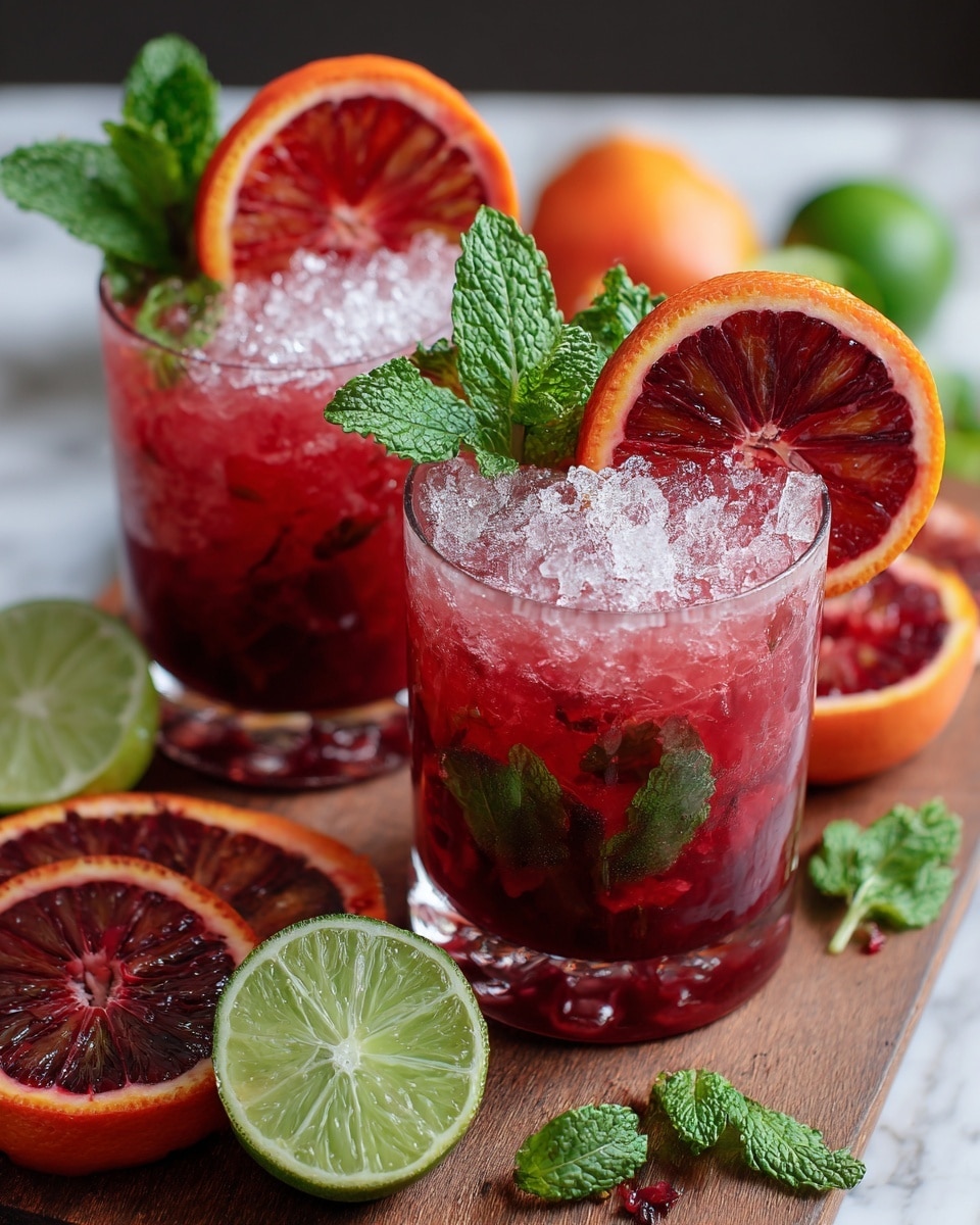 Two clear glasses filled with a deep red drink topped with crushed ice. Inside the drink, there are visible green mint leaves adding texture and color contrast. Each glass is garnished with a bright orange-red blood orange slice placed on the rim, and fresh mint leaves stand upright in the ice. The glasses sit on a wooden board along with extra blood orange slices, lime halves, and more scattered mint leaves, all placed on a white marbled surface. photo taken with an iphone --ar 4:5 --v 7