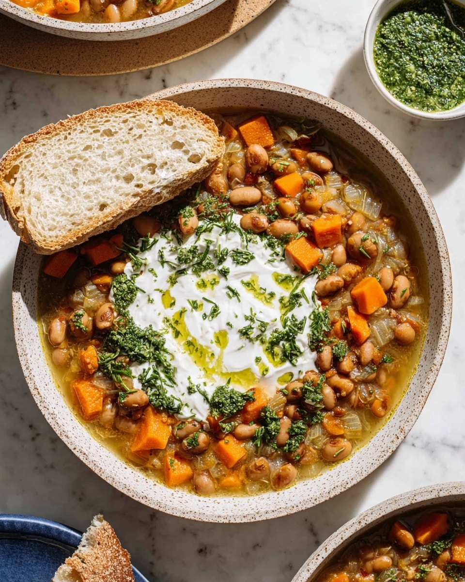 A bowl of thick lentil soup fills most of the space, with many layers including small cooked green-brown lentils mixed with orange carrot cubes, bits of white onion, and some green leafy herbs scattered on top. There is a dollop of white creamy yogurt or sauce in the center of the soup, topped with a drizzle of green herb oil or pesto. On the right side of the bowl, a slice of soft white bread leans against the soup, soaking in some broth. A spoon rests partially dipped into the soup on the left side of the bowl. The bowl is white with speckled light brown patterns, resting on a white marbled surface. Around the main bowl, there are side bowls of green chopped herbs and white sauce, along with a piece of bread on a white plate partly visible in the frame. photo taken with an iphone --ar 4:5 --v 7