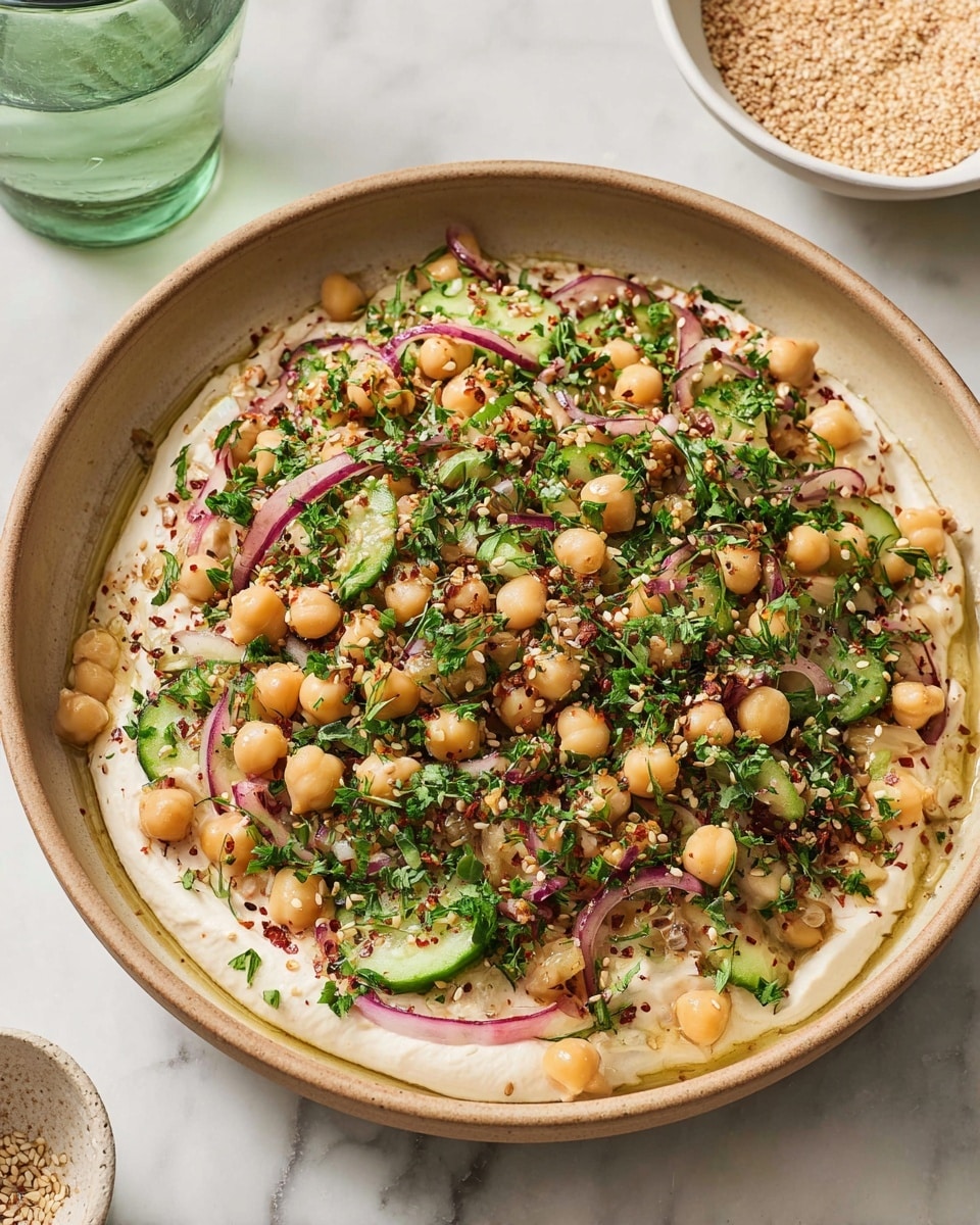 The dish is served in a deep beige bowl placed on a white marbled surface. The base layer consists of a smooth, creamy white spread that nearly covers the bottom of the bowl. On top of this layer is a mix of light beige chickpeas scattered evenly, mixed with small green cucumber pieces and thin slices of red onion. The whole dish is garnished generously with finely chopped green herbs and sprinkled with sesame seeds and small red pepper flakes, adding texture and color contrast. In the background, a white bowl containing a beige granular ingredient and a green glass are partially visible. photo taken with an iphone --ar 4:5 --v 7