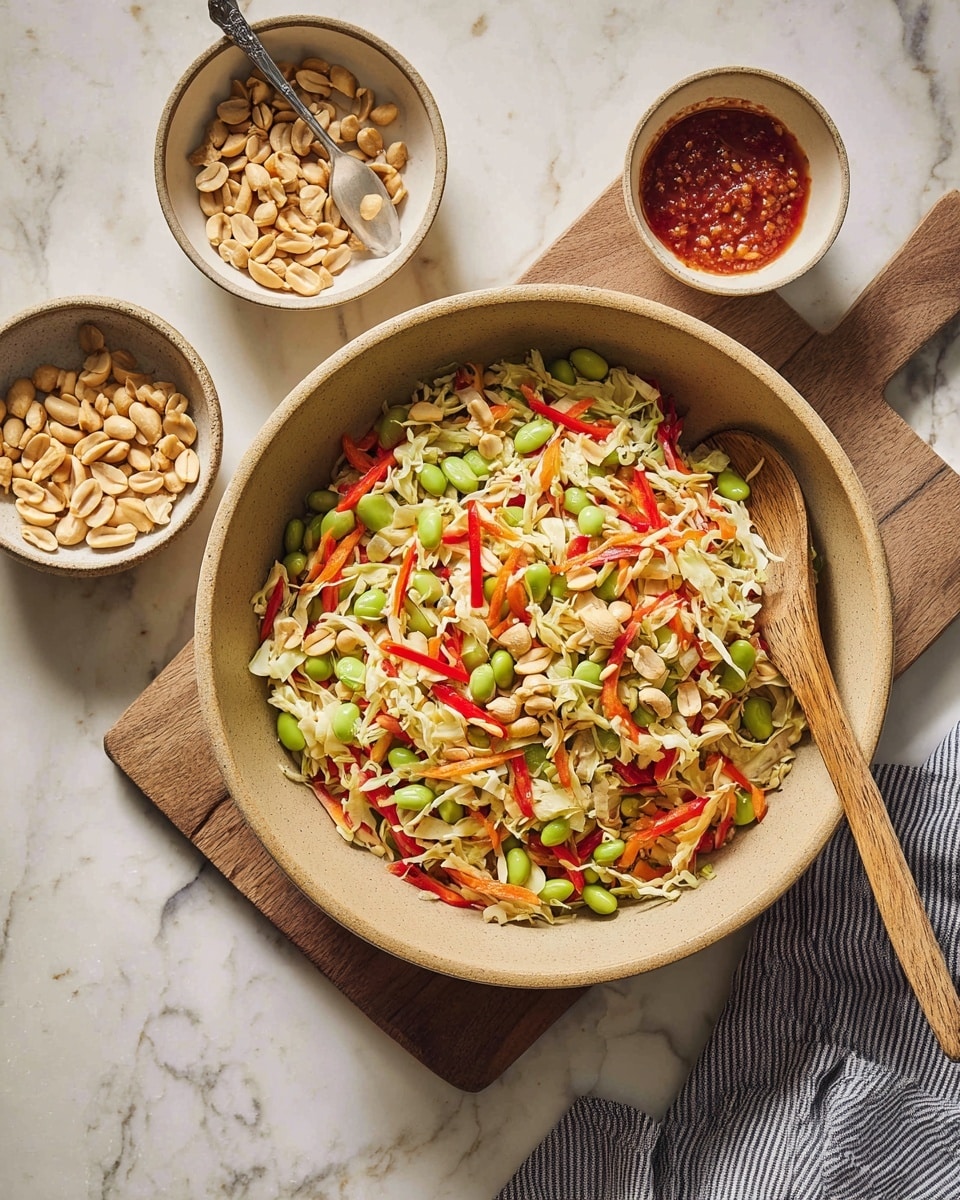 A large bowl filled with a colorful salad made of several layers: the base is finely shredded light green cabbage, mixed with thin orange carrot strips and thin green cucumber slices; scattered on top are bright green edamame beans and long thin slices of red bell pepper; whole pale beige peanuts are spread throughout the salad, adding texture; a wooden spoon rests inside the bowl on the right side; the bowl sits on a wooden board over a white marbled surface with some peanuts around. photo taken with an iphone --ar 4:5 --v 7