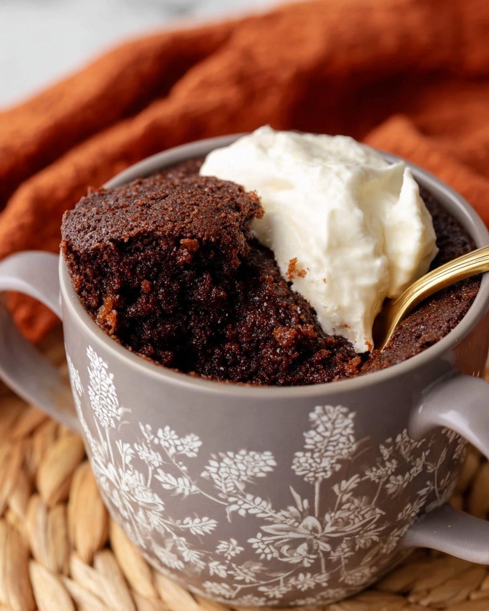 A close-up of a thick, dark brown chocolate mug cake with a moist and crumbly texture is shown inside a grey cup with white floral patterns. The cake fills most of the cup and has a large scoop missing at the front, revealing the dense inside. On top of the cake is a dollop of white whipped cream with soft peaks. A gold spoon is partially embedded in the cake and cream. The cup is placed on a woven straw mat over a white marbled surface. In the background, an out-of-focus orange cloth adds warmth to the scene. Photo taken with an iphone --ar 4:5 --v 7