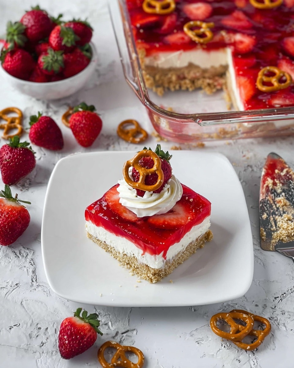 The image shows a layered dessert square on a white square plate placed on a white marbled texture. The bottom layer is a light brown crumbly crust. Above it is a thick white creamy layer, topped with a bright red gelatin layer with sliced strawberries embedded inside it. On top of the dessert piece is a dollop of white whipped cream garnished with a halved strawberry and a small pretzel. Next to the plate is a glass baking dish with more of the same dessert, with one piece cut out. Around the plate and dish are scattered whole ripe strawberries and small pretzels, along with a bowl filled with fresh strawberries. A pastry spatula with some red gelatin and whipped cream residue is on the right side. photo taken with an iphone --ar 4:5 --v 7