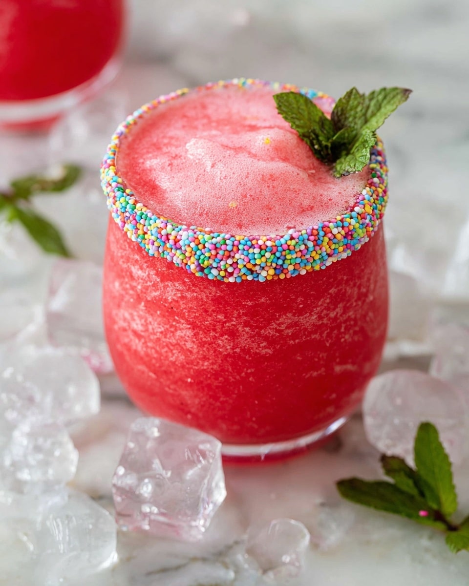 A bright red frozen drink fills a clear glass with a textured, icy surface and a smooth frothy layer on top. The rim of the glass is decorated with colorful round sprinkles creating a playful and vibrant border. The glass is set on a white marbled surface surrounded by a few clear ice cubes and fresh green mint leaves, enhancing the refreshing feel of the drink. Photo taken with an iphone --ar 4:5 --v 7