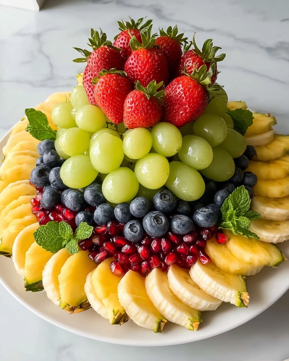 A white plate on a white marbled surface holds a colorful fruit arrangement with four distinct layers. The outermost layer consists of yellow pineapple wedges with green edges, fanning out evenly around the plate. Next, bright red strawberries with green tops stand upright, placed closely next to the pineapple slices. The third layer is made of small dark blue blueberries arranged tightly between the strawberries and the inner fruit. The center is piled high with light green grapes, some topped with scattered blueberries, creating a bumpy, juicy texture. Near the bottom, a small section of red pomegranate seeds with a few mint leaves adds a pop of green and red among the yellow banana slices on one side. photo taken with an iphone --ar 4:5 --v 7