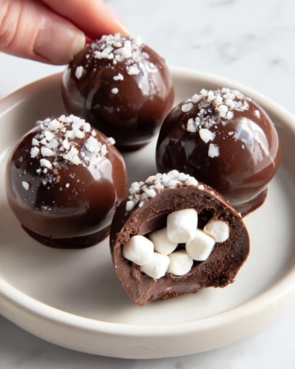 The image shows five shiny, round chocolate truffles arranged close together on a white plate. Four truffles are whole with a smooth, glossy dark brown surface sprinkled with small white flakes on top. One truffle is cut in half, revealing a dark chocolate inside filled with small white marshmallows packed tightly. The contrast between the dark chocolate shell and the soft, white marshmallows inside is clear. The plate sits on a white marbled surface, and a woman's hand is gently touching one truffle. Photo taken with an iphone --ar 4:5 --v 7
