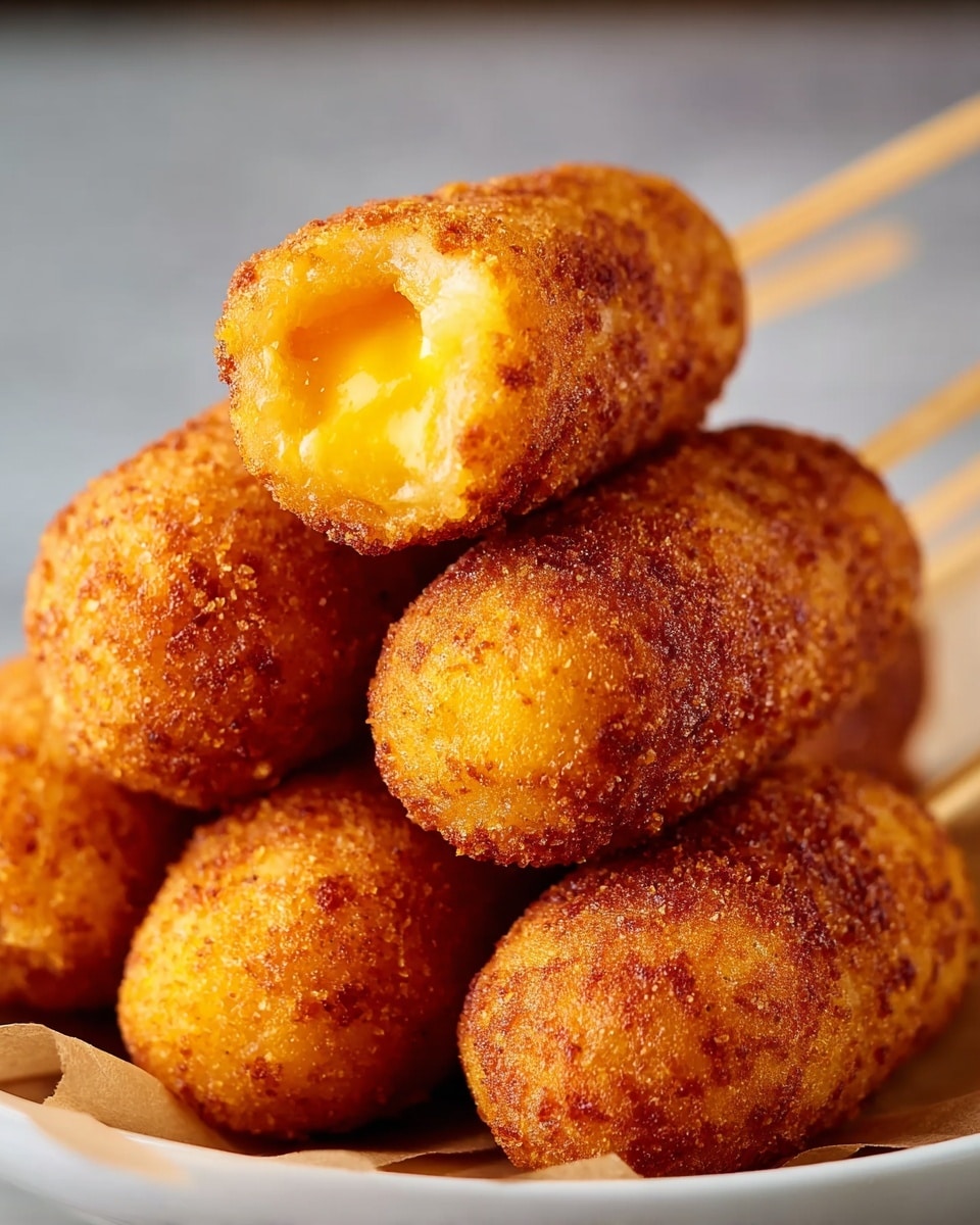 The image shows a close-up of seven small, golden-brown, fried snacks on wooden sticks, stacked in a pile. Each snack has a crispy, textured outer layer, with one of the snacks in the front showing a bite taken out, revealing a smooth, melted yellow cheese filling inside. The snacks are set on a white plate, all close together, with a white marbled background. photo taken with an iphone --ar 4:5 --v 7