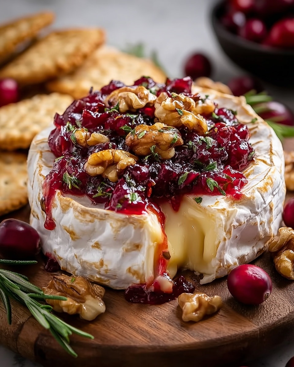 A round piece of baked brie cheese with a soft white rind and a smooth melted light yellow inside sits on a wooden board. On top, there is a thick, glossy layer of deep red cranberry sauce mixed with small pieces of chopped walnuts and green herb sprigs, some of the sauce and nuts overflow down one side of the cheese. Around the board are whole fresh cranberries and green herb sprigs, with blurred crackers in the background. The surface under the board is a white marbled texture. photo taken with an iphone --ar 4:5 --v 7