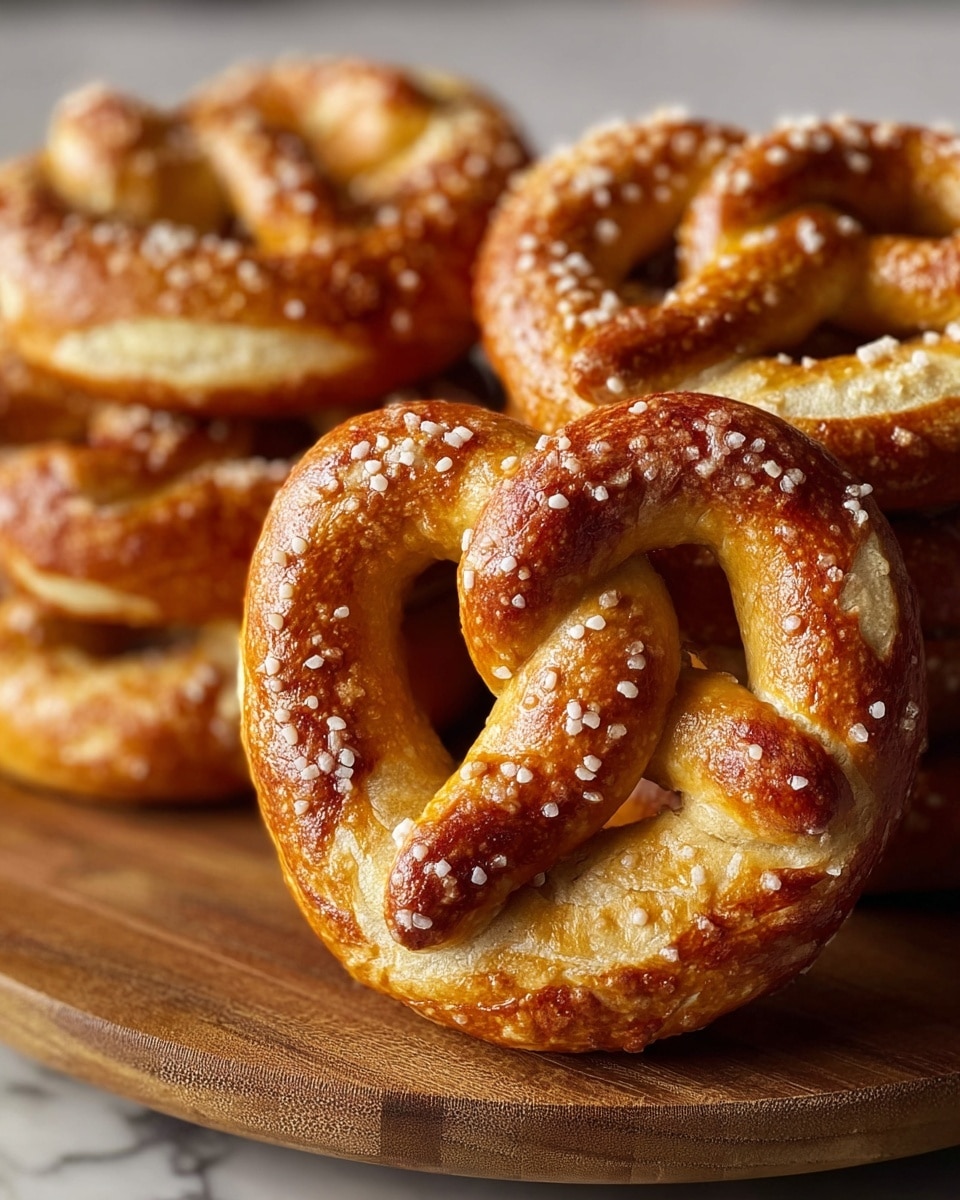 The image shows a close-up of golden-brown soft pretzels stacked on a round wooden board. Each pretzel has a shiny, slightly crisp surface with visible coarse salt crystals sprinkled unevenly on top. The pretzels have a twisted shape with smooth, slightly puffed dough and lighter, soft inner parts that peek through the cracks in the crust. The background is softly blurred, emphasizing the detailed texture and warm color of the pretzels, all placed on a white marbled texture. photo taken with an iphone --ar 4:5 --v 7