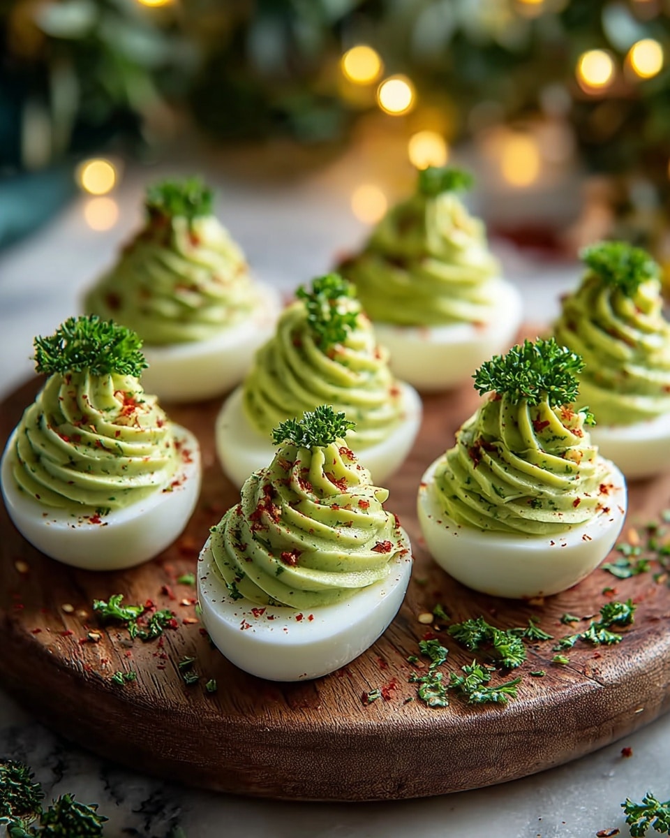 The image shows a round wooden board holding eight deviled eggs arranged in rows. Each egg is halved, with a smooth, white egg white base forming the first layer. The second layer is a tall swirl of pale green avocado or herb filling piped neatly on top of each egg white. The green filling is sprinkled with red spice and finely chopped herbs, adding texture and color contrast. Each swirl is topped with a small fresh green parsley leaf for decoration. Some small herb bits and red spice are also scattered on the wooden board around the eggs. The setting is warm with blurry yellow lights and green foliage in the background, all placed on a white marbled surface. photo taken with an iphone --ar 4:5 --v 7
