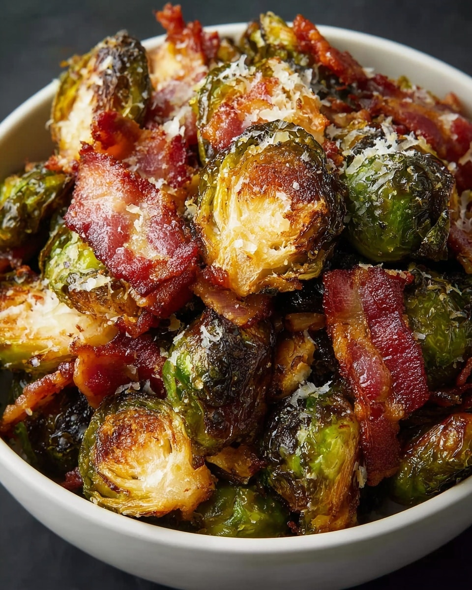 A close-up view of a bowl filled with crispy roasted Brussels sprouts and thick strips of browned bacon. The Brussels sprouts show a mix of charred dark green leaves and golden brown caramelized edges, with some light melted cheese sprinkled on top. The bacon strips have a rich reddish-brown color with crispy, slightly shiny textures. The bowl is white, and the dish is placed on a white marbled surface. photo taken with an iphone --ar 4:5 --v 7
