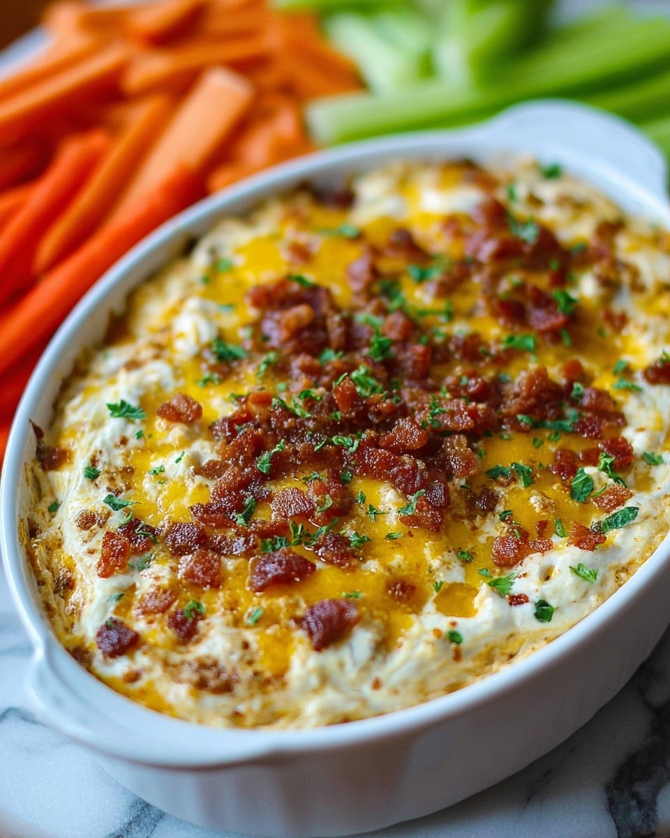 A white oval dish filled with a layered cheese dip, showing a top layer of melted, golden-yellow cheddar cheese mixed with small brown crispy bacon bits, and sprinkled with bright green chopped herbs. The top surface is slightly bubbly and creamy with swirls of white cheese base visible in parts. Surrounding the dish are blurred carrot sticks and celery sticks in the background, placed on a white marbled surface. Photo taken with an iphone --ar 4:5 --v 7