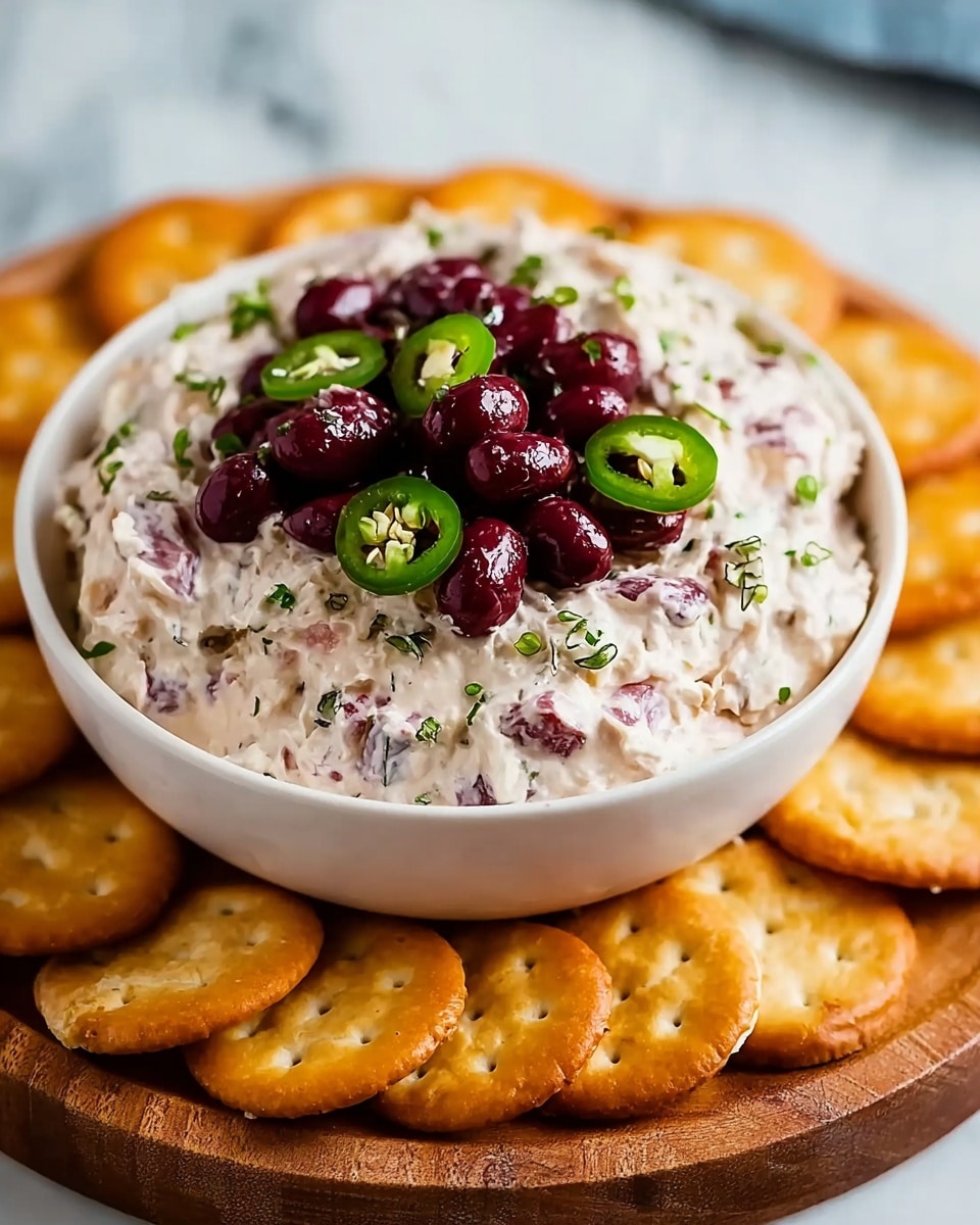 A white bowl filled with creamy white and light purple dip that has visible small chunks mixed in, likely beans or vegetables. On top of the dip, there is a heap of shiny dark red beans and several slices of bright green jalapeño peppers scattered around. The dip is also sprinkled with small bits of green herbs. The bowl sits on a wooden board surrounded by a ring of golden-brown round crackers with a slightly toasted look. The whole scene is on a white marbled surface. photo taken with an iphone --ar 4:5 --v 7