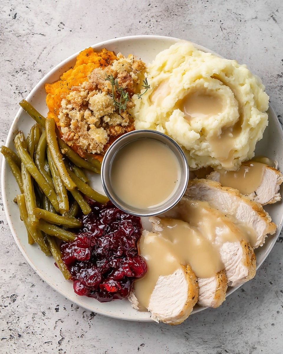A white plate holds a colorful meal with six parts arranged in sections around a small silver cup of pale brown gravy in the center. Starting from the top right, there is a large scoop of creamy white mashed potatoes with a smooth texture, next to a glossy, dark red cranberry sauce with chunks visible. Below the cranberry sauce is a soft, pale yellow biscuit that looks fluffy and slightly crumbly. Beside the biscuit is an orange sweet potato casserole topped with a crumbly, textured walnut and oat topping. On the left side of the plate, there are light green cooked green beans cut into short pieces. Just below the green beans, two slices of roasted turkey with light brown herb crust are covered with light brown smooth gravy. The plate is set on a white marbled surface. photo taken with an iphone --ar 4:5 --v 7