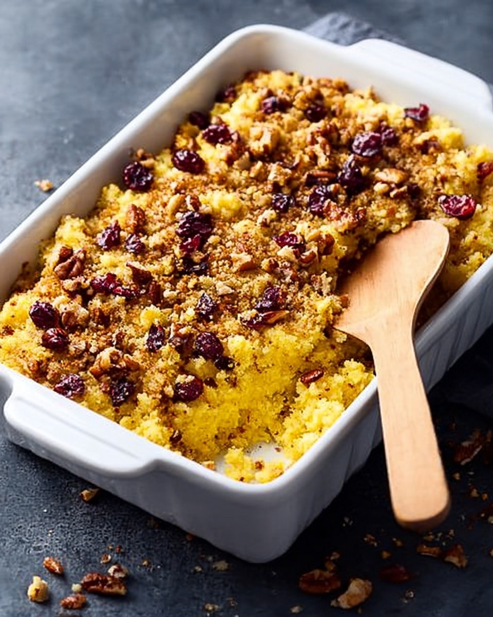 A close-up view of a baked casserole in a white rectangular dish, showing a thick, crumbly top layer filled with golden yellow cornbread pieces, vibrant red dried cranberries, and small brown pecan halves. Mixed throughout the topping are finely chopped green herbs and bits of seared ground meat, adding a textured and colorful contrast. The mixture looks crispy on top with some larger chunks and scattered nuts, all resting on a subtle white marbled surface, with a light wooden spoon partially digging into the dish. Photo taken with an iphone --ar 4:5 --v 7