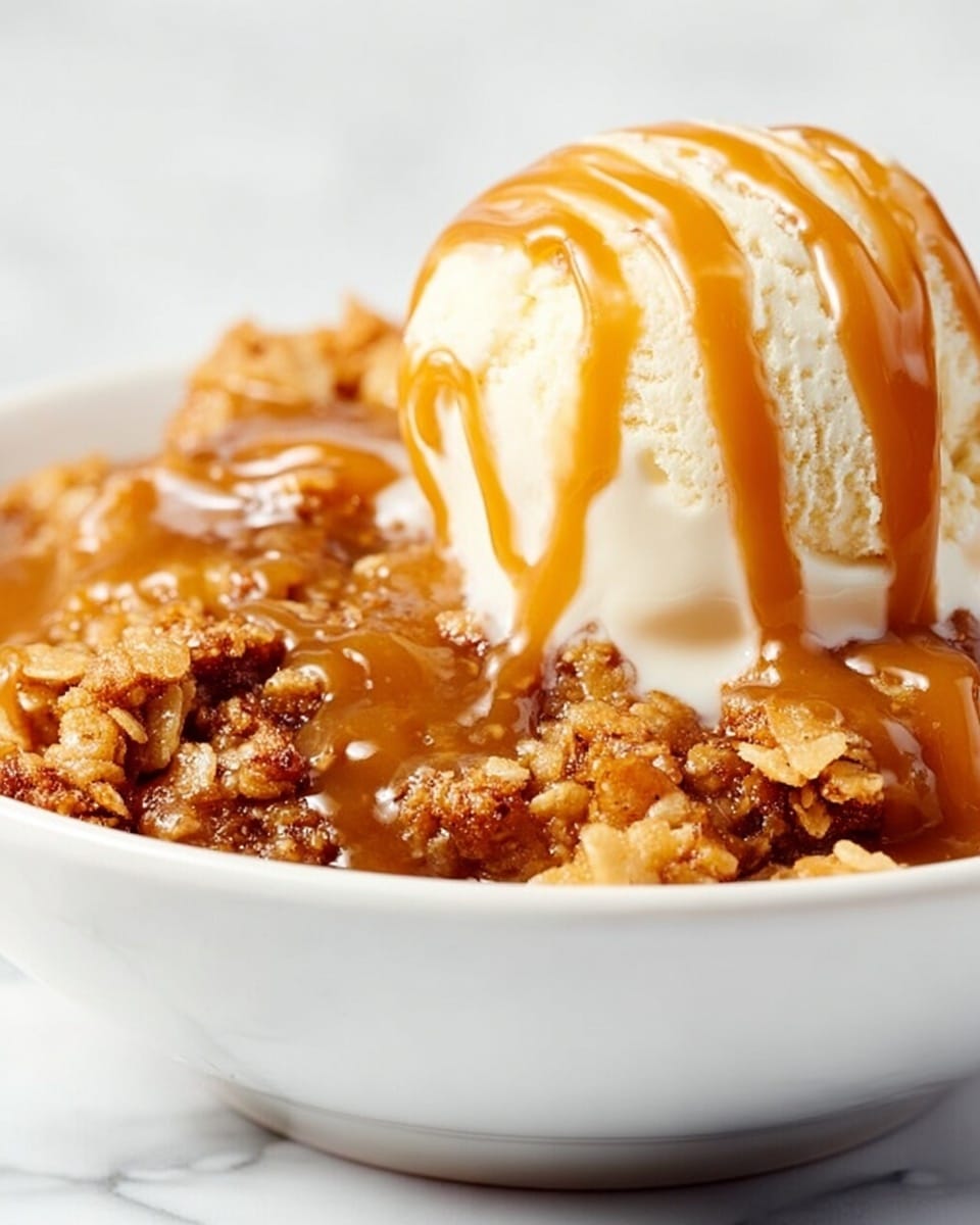 A white bowl holds a dessert with two main layers visible; the bottom layer is a crumbly, golden-brown cake with a rough texture, topped with whole pecans and thick, glossy caramel sauce drizzled over it. Above this, there is a smooth, creamy white scoop of ice cream with more golden caramel sauce flowing down over it, creating a rich contrast between the soft ice cream and the textured cake. The bowl sits on a white marbled surface with a few pecans scattered around. Photo taken with an iphone --ar 4:5 --v 7