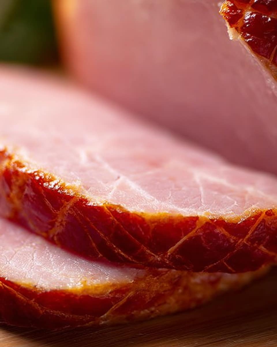 The image shows a close-up of two thick slices of ham placed one on top of the other. The ham is pale pink with a smooth texture on the inside, and the edge has a darker reddish-brown color with a slightly textured, glazed look. The background is softly blurred, placing full focus on the ham’s surface and its pattern. The lighting highlights the moist and tender appearance of the meat. Photo taken with an iphone --ar 4:5 --v 7