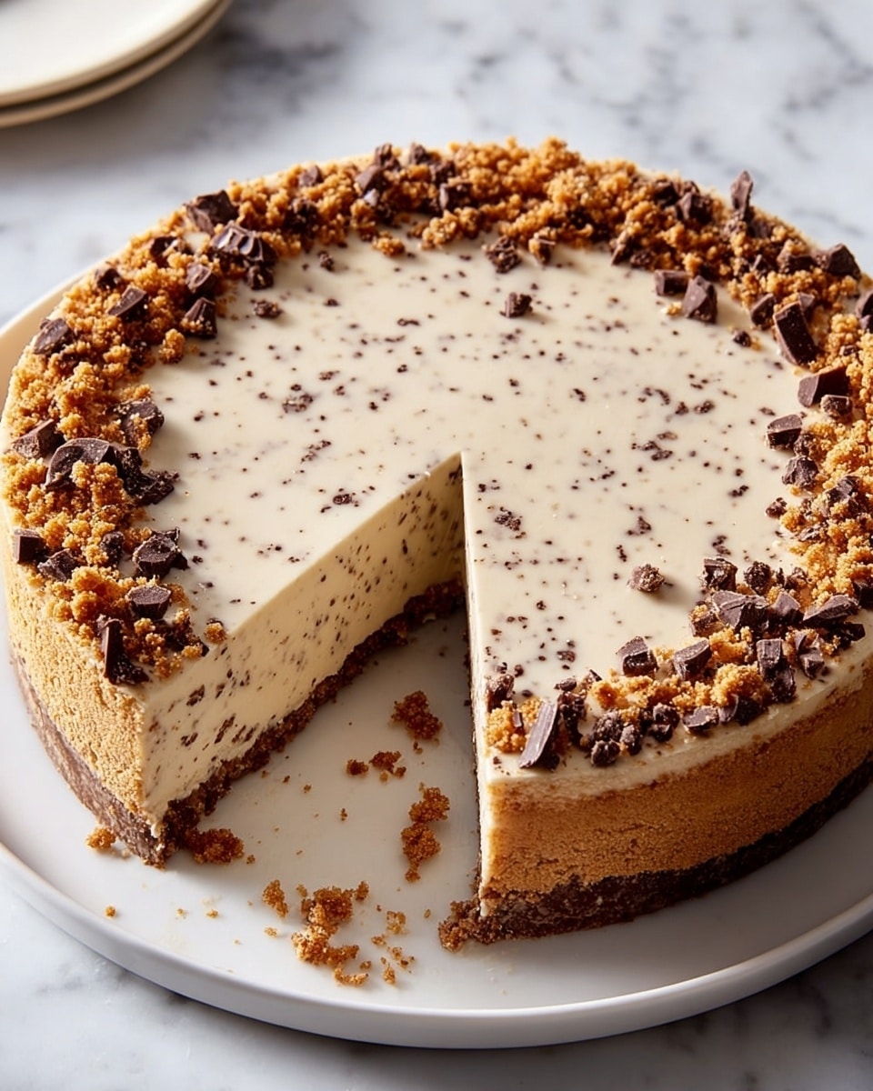 A creamy cheesecake with two main layers sits on a white plate placed on a white marbled surface. The bottom layer is a dense, crumbly brown crust with a slightly rough texture. Above it is a thick, smooth, light beige cheesecake layer scattered evenly with small dark chocolate bits. On top and around the edge of the cheesecake, there is a thick, uneven ring of crumbly golden-brown topping with larger chocolate pieces mixed in, adding a crunchy texture. One slice has been cut out, showing the clean cut through all layers, and there are some crumbs scattered on the plate inside the empty slice space. Photo taken with an iphone --ar 4:5 --v 7