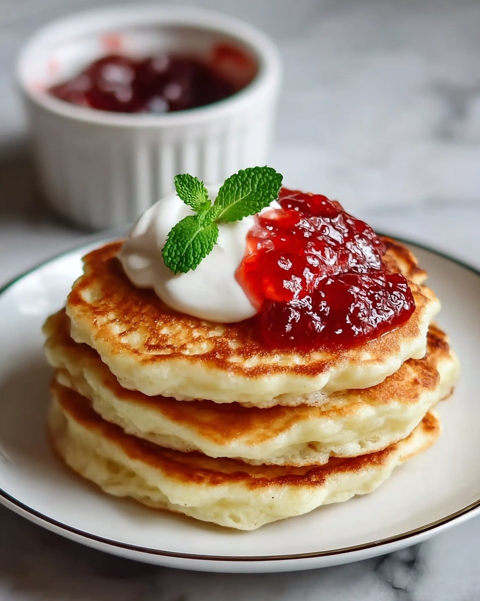 A stack of three thick, golden-brown pancakes sits on a white plate with a thin black rim, placed on a white marbled surface. The pancakes show a soft, fluffy texture with slightly crisp edges. On top, a generous dollop of red jam spreads over one side, next to a smooth white cream topping. A fresh green mint sprig rests neatly on the cream, adding a touch of color. In the background, a white ramekin filled with more red jam is visible but softly out of focus. Photo taken with an iphone --ar 4:5 --v 7
