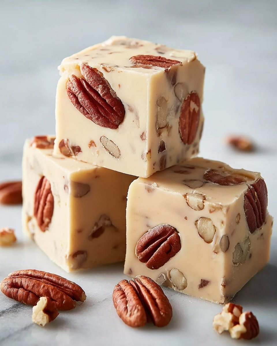 Three cubes of light beige fudge studded with small nut pieces are stacked on a white marbled surface. Each piece of fudge has several whole, shiny, reddish-brown pecans pressed into the top and sides, adding texture and color contrast. The fudge looks smooth with visible nuts inside, and there are a few loose pecans scattered around the base of the stack. photo taken with an iphone --ar 4:5 --v 7