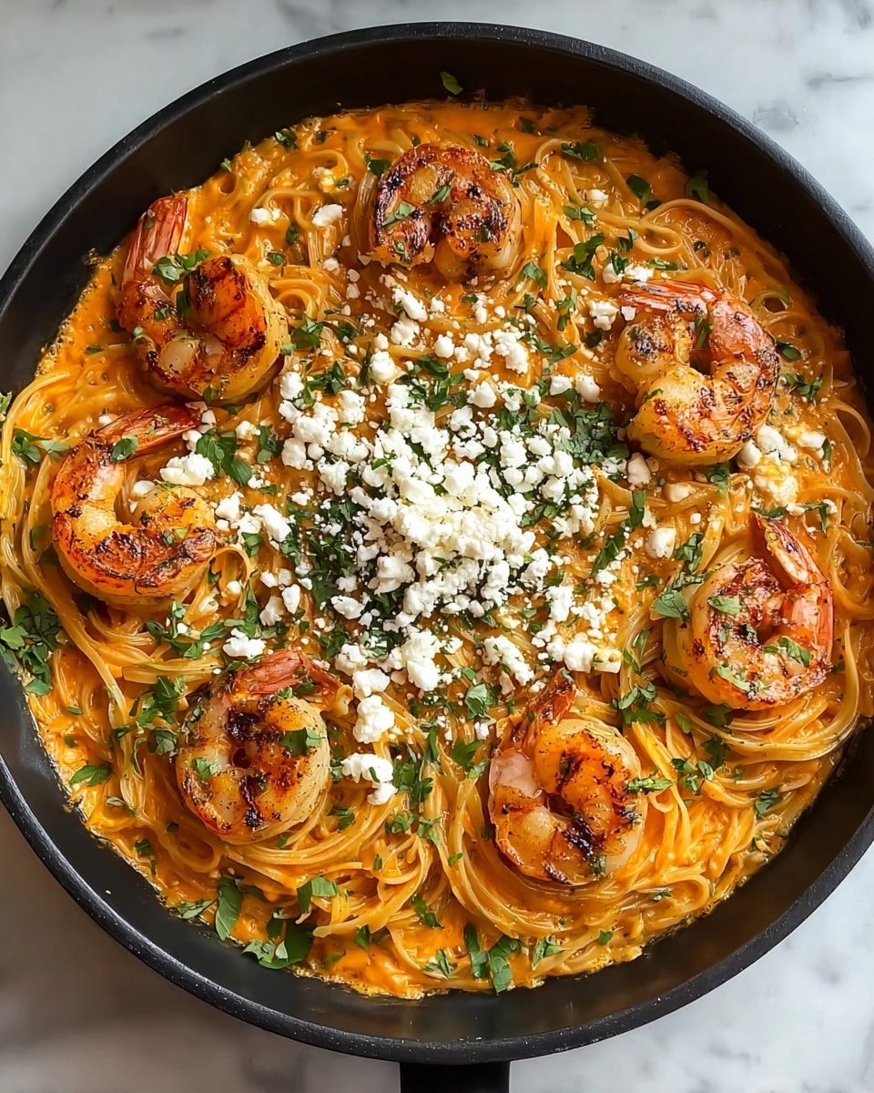 A black pan filled with a large bed of creamy orange fettuccine pasta, topped with seven large grilled shrimp with charred marks, arranged evenly around the pasta. The center of the dish has a small nest of pasta covered with white grated cheese and sprinkled with small green herb pieces, likely parsley. The pasta strands are thick and coated heavily with sauce, giving the dish a rich look. The pan sits on a white marbled surface. photo taken with an iphone --ar 4:5 --v 7