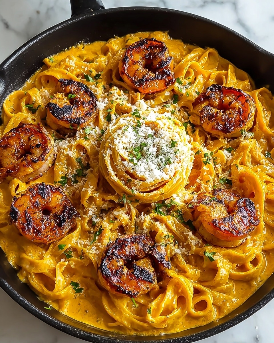 A black round pan filled with thin pasta cooked in a creamy orange sauce, topped with seven large grilled shrimp around the edge, each with light grill marks and a slightly pink color. The middle layer has a small pile of white crumbly cheese sprinkled generously. Green chopped herbs are scattered all over the pasta and shrimp, adding a fresh touch. The pan sits on a white marbled surface. photo taken with an iphone --ar 4:5 --v 7