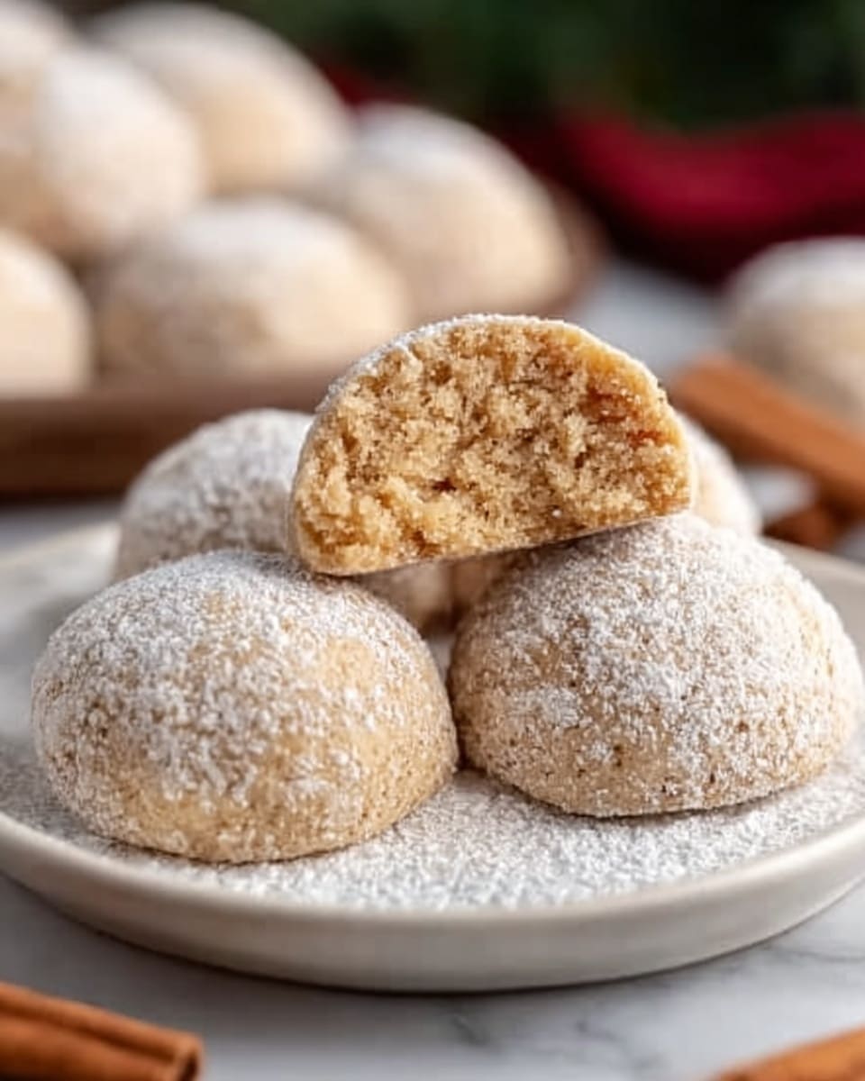 The image shows a white plate on a white marbled surface with multiple round, soft cookies that are light brown in color. The focus is on one cookie that is cut in half, revealing a slightly crumbly inside texture that looks moist and dense. A light dusting of powdered sugar covers the cookies, giving them a soft, snowy appearance. In the blurred background, there are more whole cookies and some cinnamon sticks, adding a cozy feel to the setting. Photo taken with an iphone --ar 4:5 --v 7