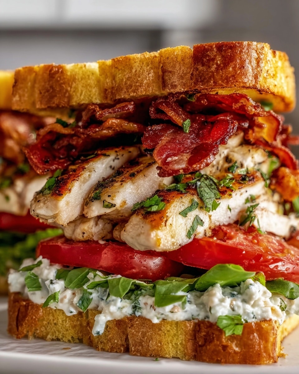 A close-up view of a layered sandwich shows three main layers between two thick slices of golden-brown toasted bread with a crispy texture. The bottom layer features green leafy lettuce and a spread of white creamy sauce mixed with herbs. Above it are two slices of bright red tomato. The next layer has several thick pieces of grilled chicken breast with a browned, slightly charred surface and green herbs sprinkled on top. The upper middle layer contains multiple strips of crispy, reddish-brown bacon. The top slice of bread is spread with the same white creamy sauce seen at the bottom. The sandwich is placed on a white plate with a white marbled texture background. Photo taken with an iphone --ar 4:5 --v 7