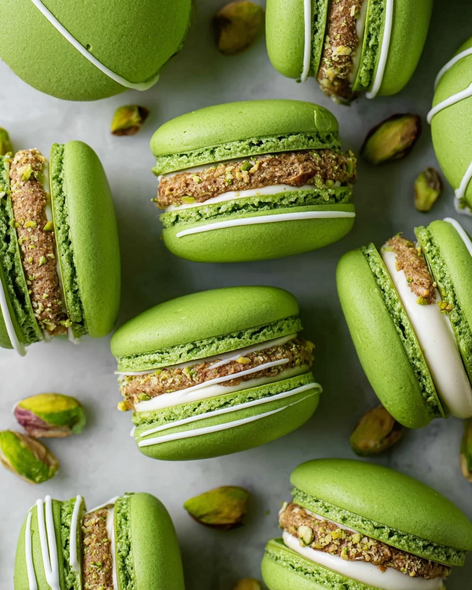 Bright green macarons are shown close up on a white marbled surface, each with two smooth, round shells and a creamy white filling sandwiched between. Some macarons have a strip of crushed light brown nuts topped with two thin lines of white drizzle running across the top shell. A few visible pistachio nuts peek out from the filling or lie scattered around on the surface. The texture of the shells is smooth with a slightly rough edge where they meet the filling. photo taken with an iphone --ar 4:5 --v 7
