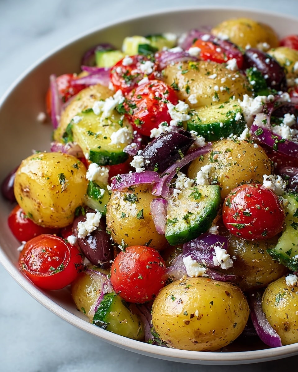 A close-up of a white bowl filled with a colorful potato salad showing at least three layers of ingredients: the base layer has small, shiny golden potatoes, halved cherry tomatoes in bright red, and chunks of green cucumber; the middle layer consists of sliced purple-red onions and dark purple Kalamata olives; the top layer is sprinkled with white crumbles of feta cheese and small pieces of green herbs that lightly cover the whole dish. The textures vary from smooth and glossy potatoes and olives to the soft crumbly cheese and crisp vegetables, all sitting on a white marbled surface. photo taken with an iphone --ar 4:5 --v 7